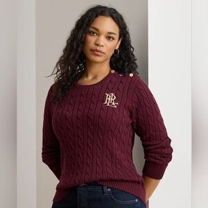 Ralph Lauren Wine Cable-Knit Crew Sweater with Gold Buttons